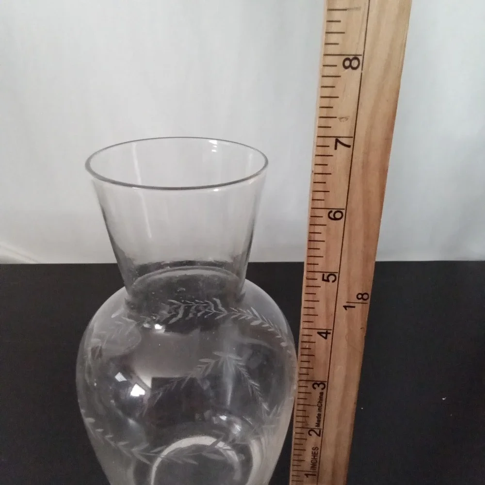 Vintage Style Clear Etched Glass Vase Leaf Wheat Pattern Flared Rim Urn 7 Inch